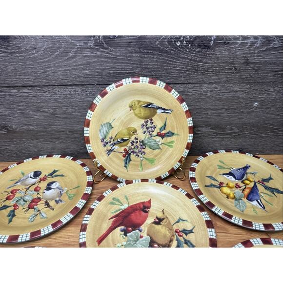 Lenox Winter Greetings Everday Tartan 8.5" Bird Salad/Dessert Plates -Set Of 6 - Picture 2 of 10